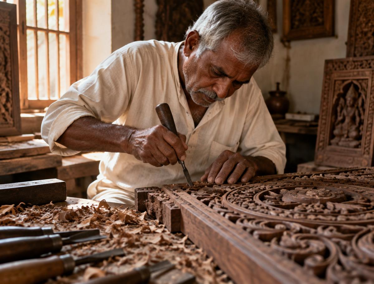 Artisan carving a rosewood panel by hand in a workshop