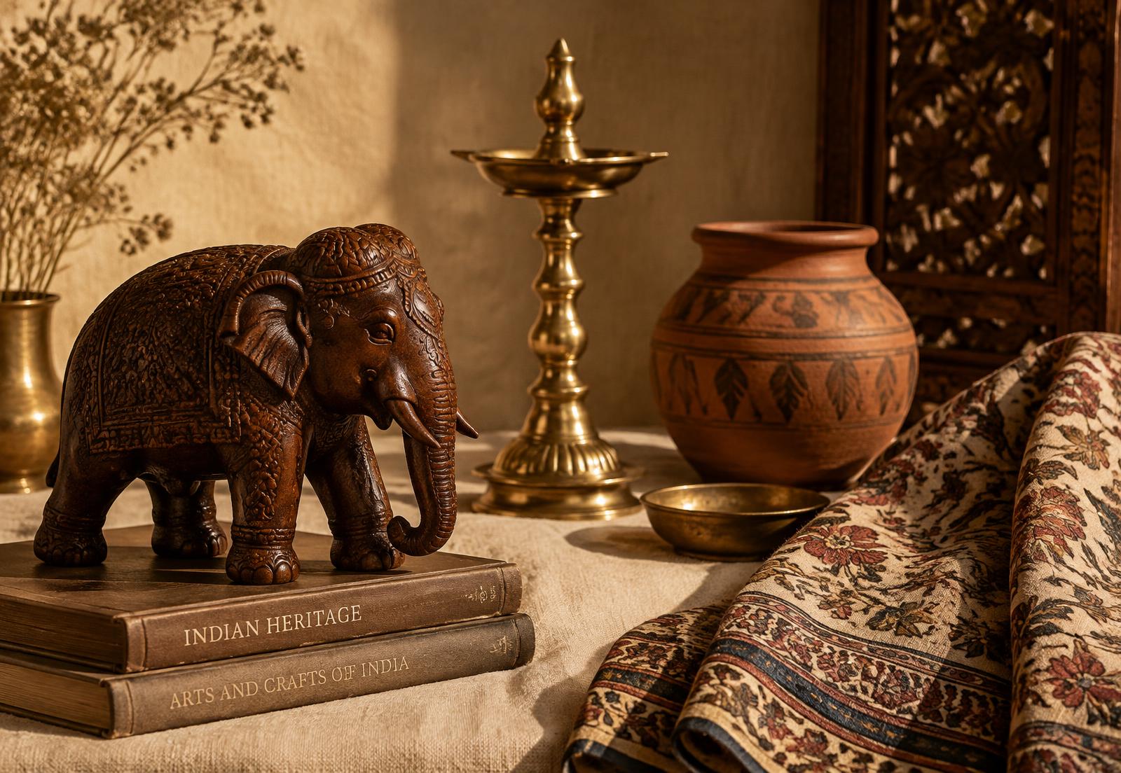 Carved rosewood elephant, brass temple lamp and terracotta pot on ivory linen