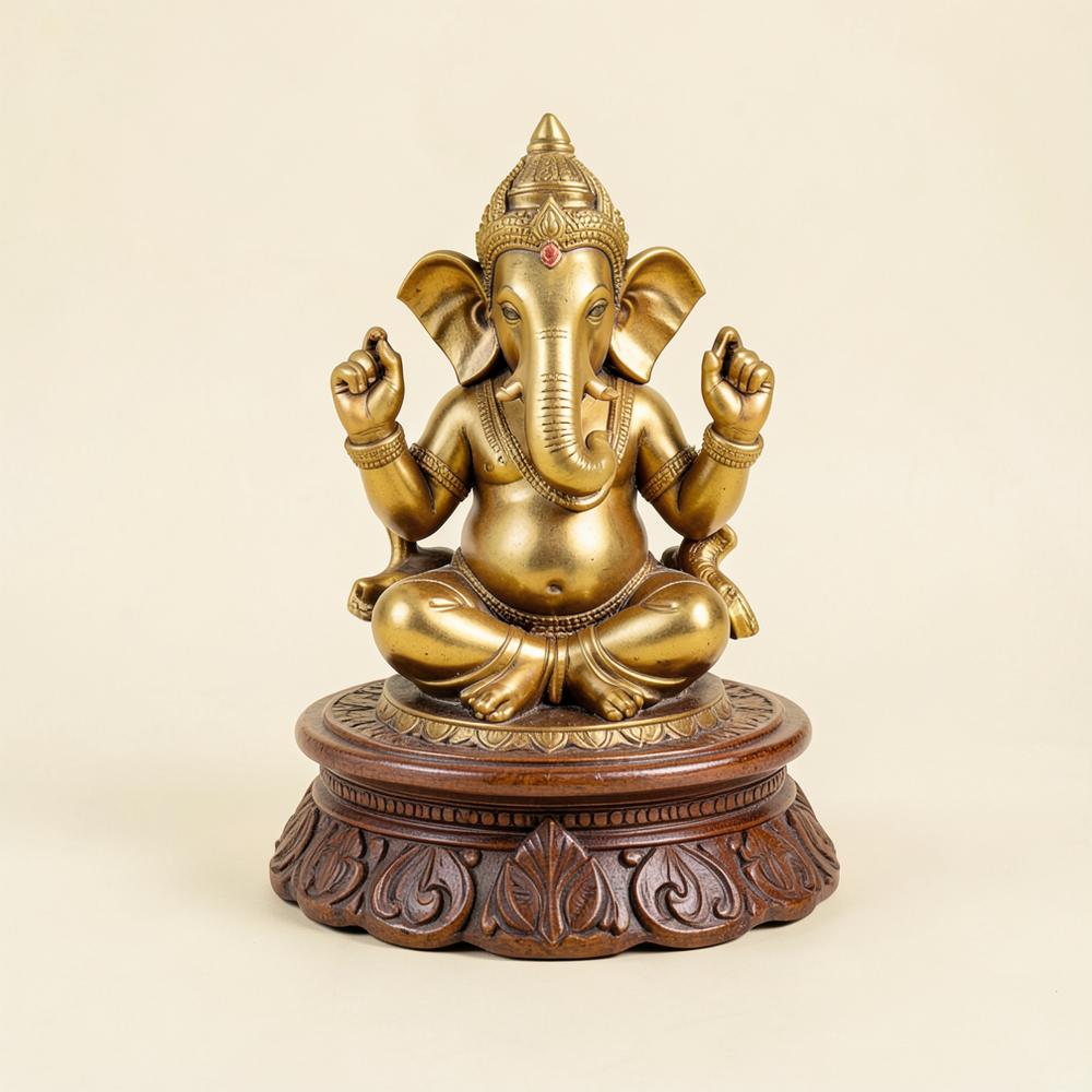 Brass Ganesha on Carved Base